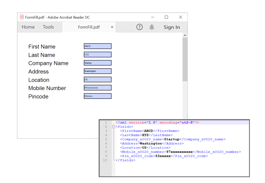 Extract filled PDF form data and save it as XML