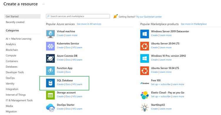 Creating SQL Server resource on the Azure portal